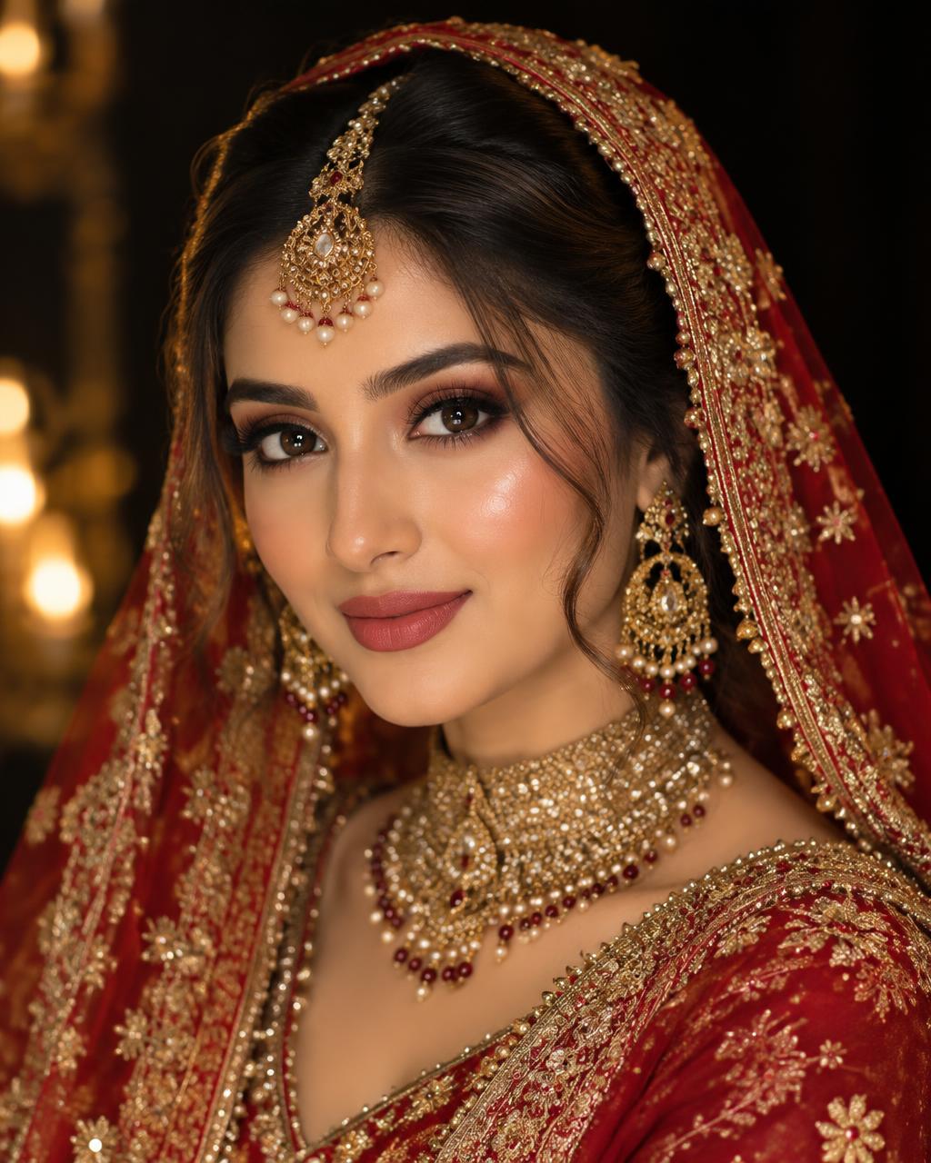 Bride with soft glam makeup and traditional gold jewelry