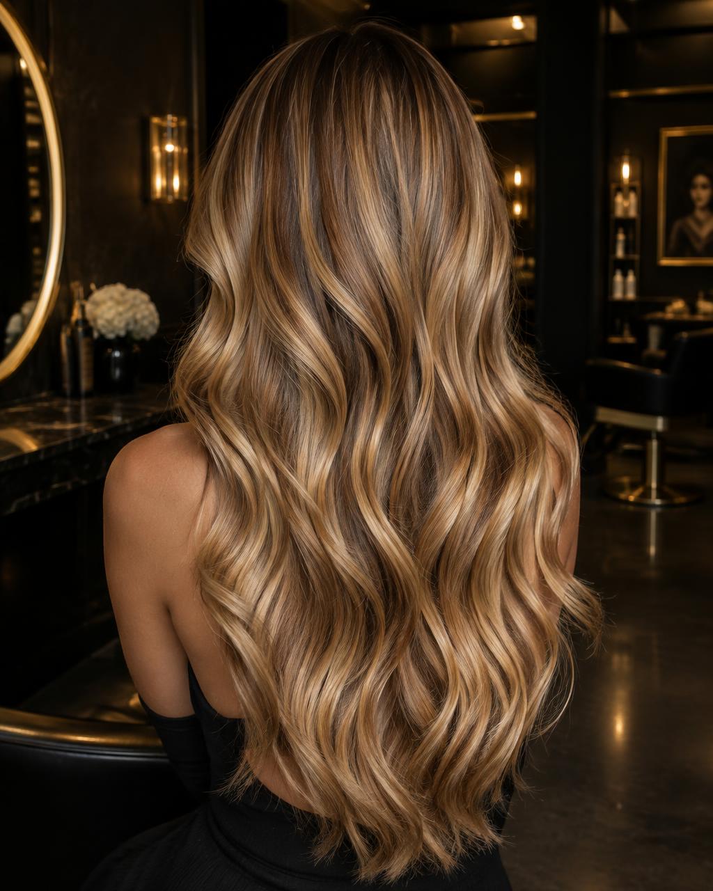 Long wavy hair with honey and caramel balayage