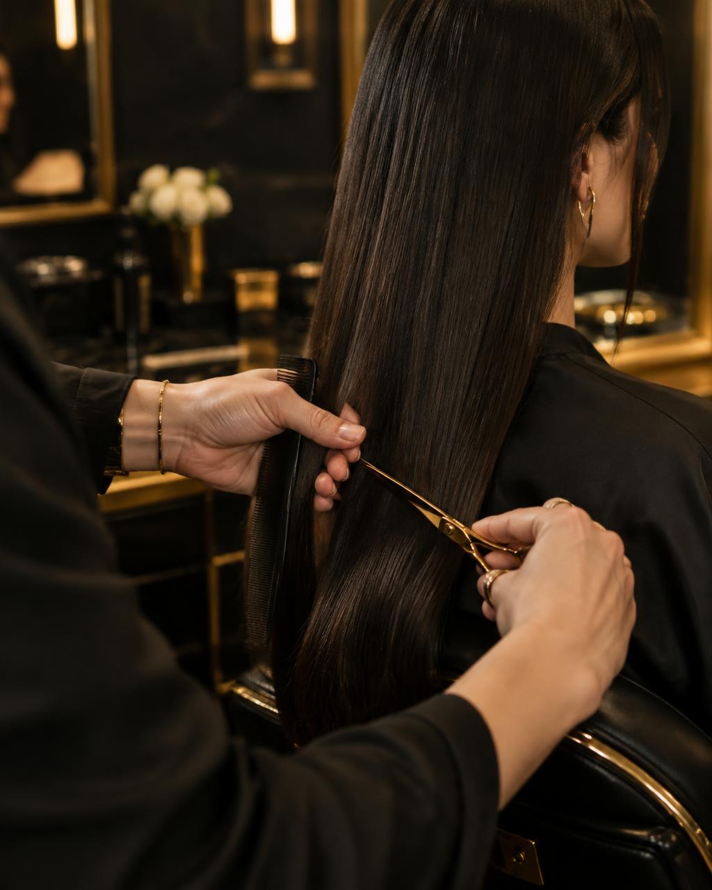 Stylist trimming long, glossy dark hair with gold scissors