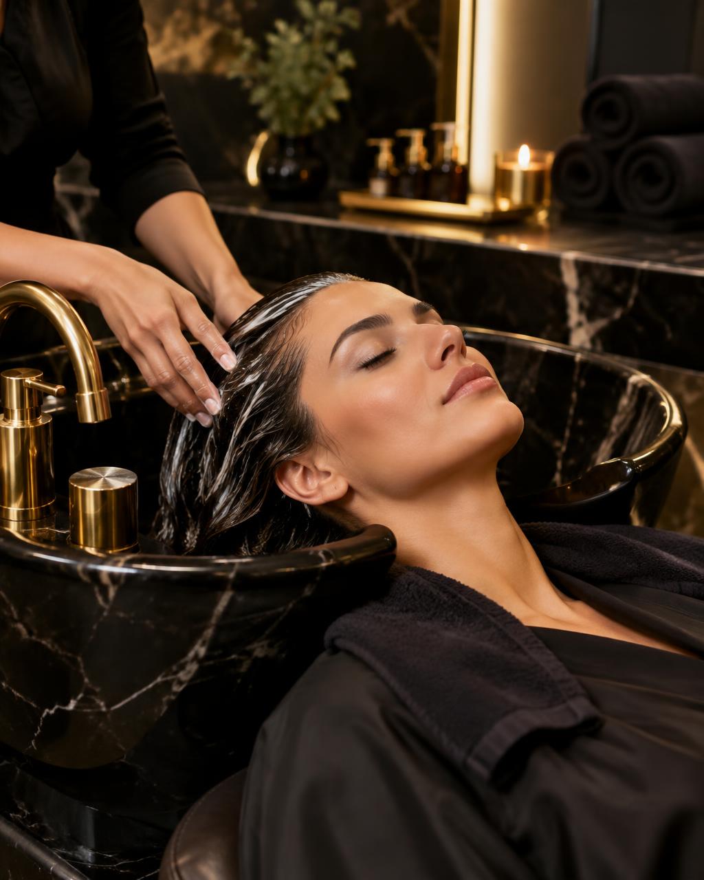 Client relaxing at a black marble wash basin during a hair treatment